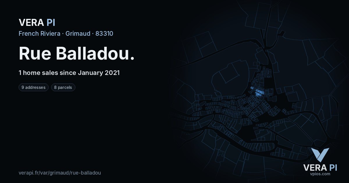 Rue Balladou, Grimaud at night – every parcel coloured by the prices around it, the street's own parcels lit