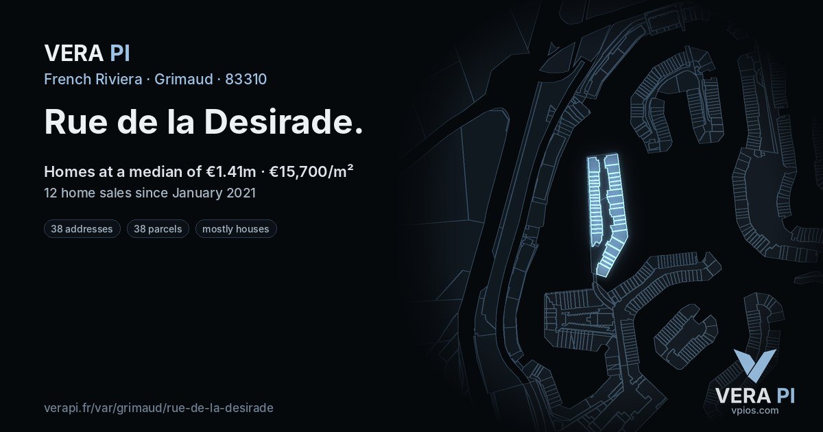 Rue de la Desirade, Grimaud at night – every parcel coloured by the prices around it, the street's own parcels lit