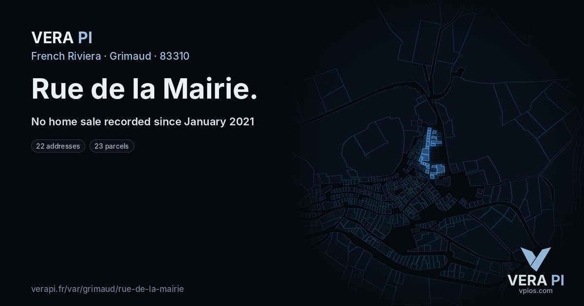 Rue de la Mairie, Grimaud at night – every parcel coloured by the prices around it, the street's own parcels lit
