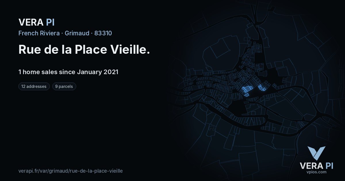 Rue de la Place Vieille, Grimaud at night – every parcel coloured by the prices around it, the street's own parcels lit