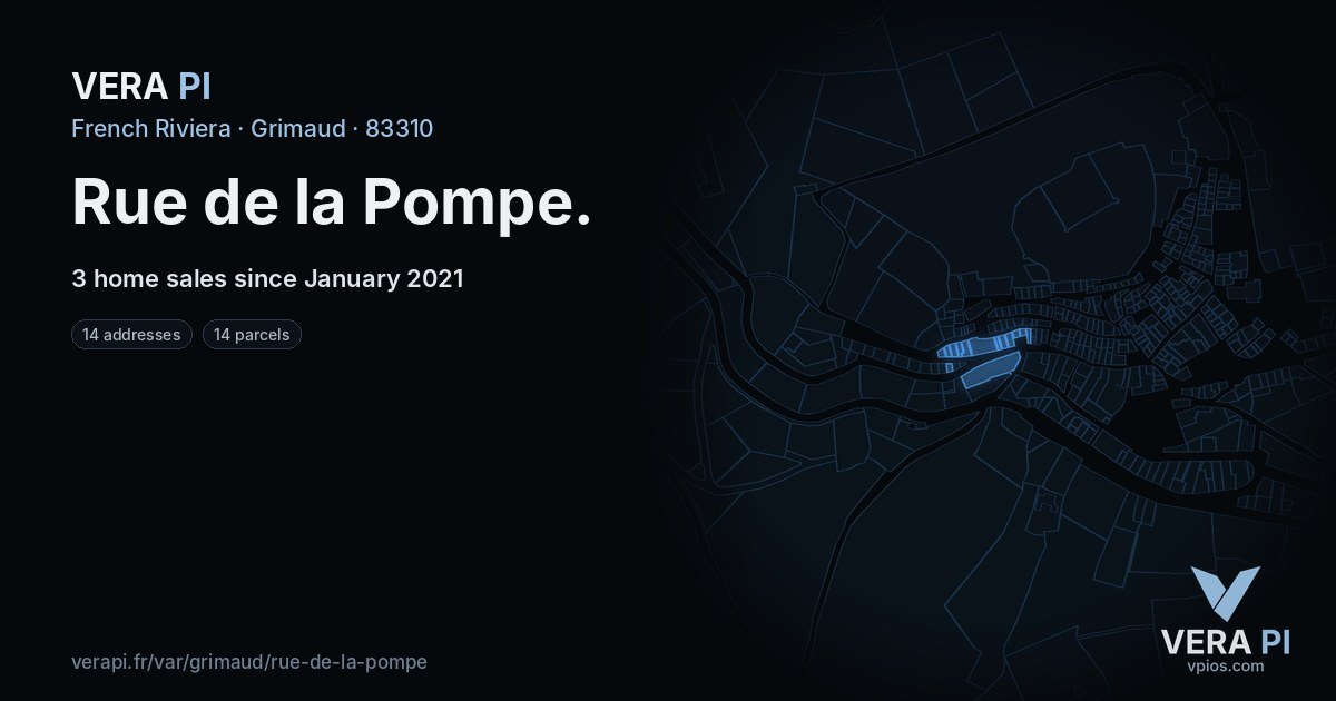 Rue de la Pompe, Grimaud at night – every parcel coloured by the prices around it, the street's own parcels lit