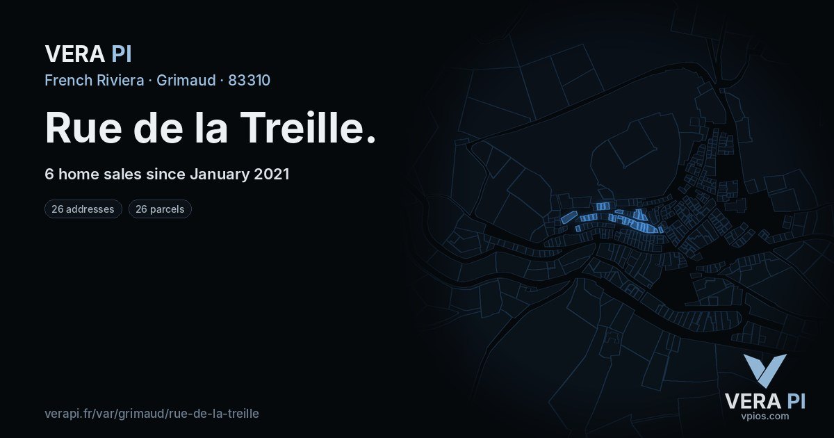 Rue de la Treille, Grimaud at night – every parcel coloured by the prices around it, the street's own parcels lit