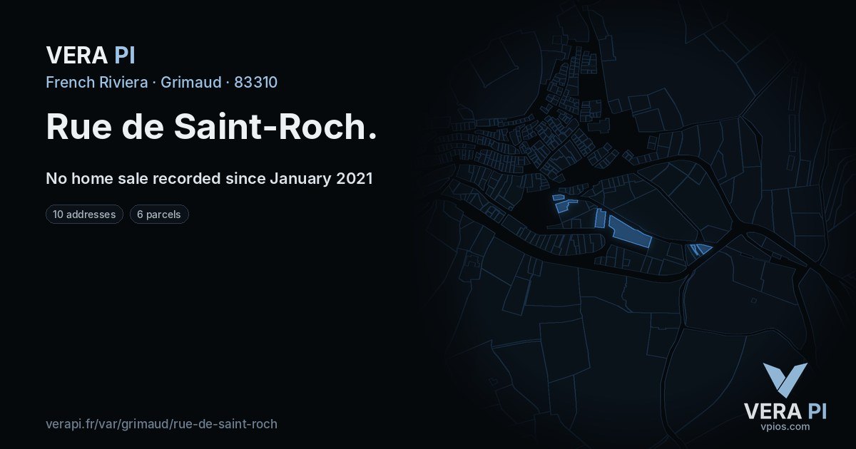 Rue de Saint-Roch, Grimaud at night – every parcel coloured by the prices around it, the street's own parcels lit