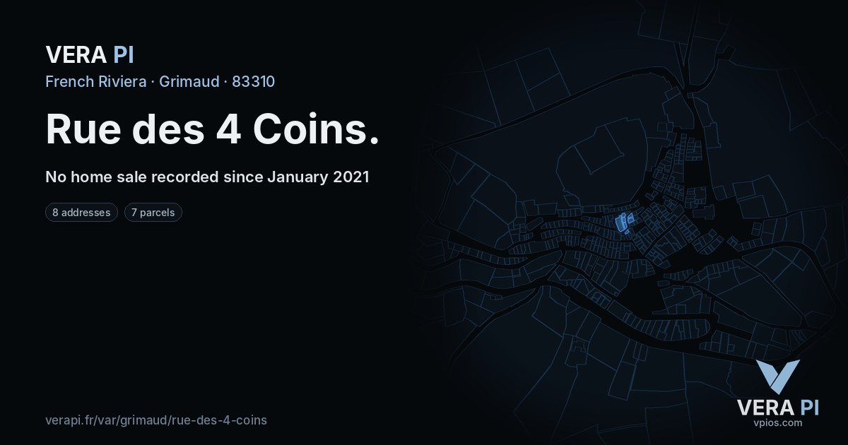 Rue des 4 Coins, Grimaud at night – every parcel coloured by the prices around it, the street's own parcels lit