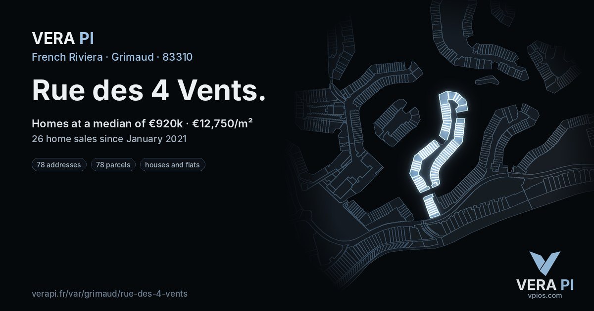 Rue des 4 Vents, Grimaud at night – every parcel coloured by the prices around it, the street's own parcels lit