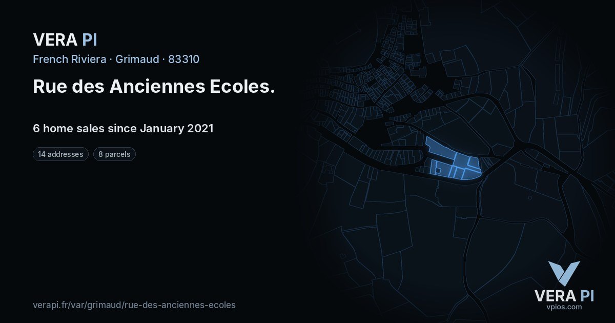 Rue des Anciennes Ecoles, Grimaud at night – every parcel coloured by the prices around it, the street's own parcels lit