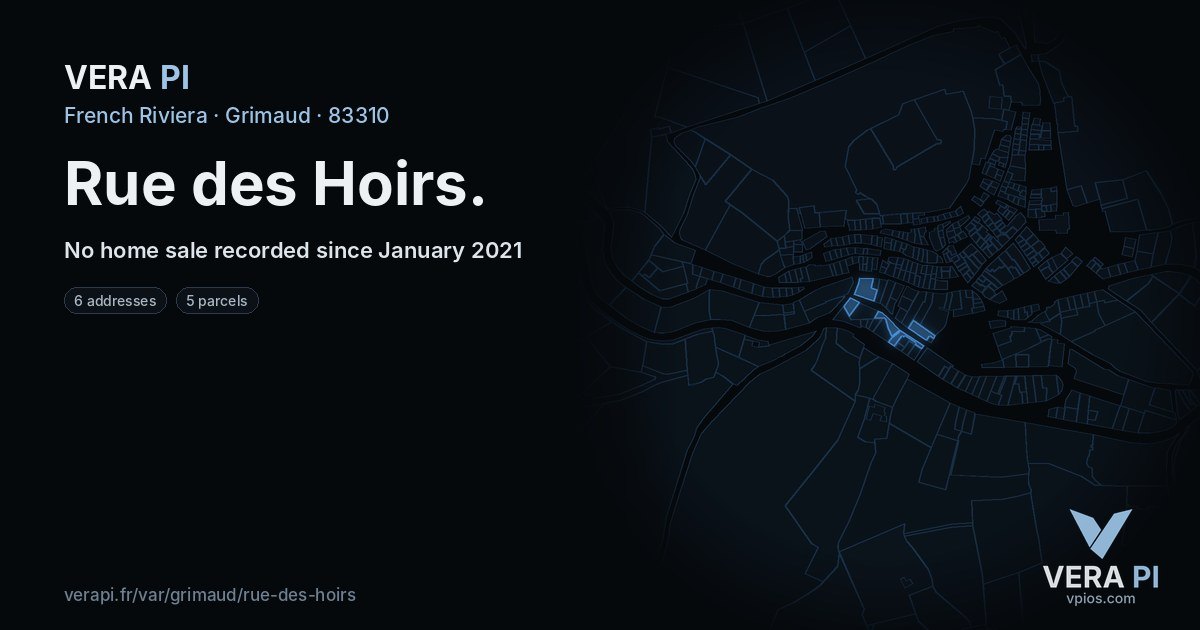 Rue des Hoirs, Grimaud at night – every parcel coloured by the prices around it, the street's own parcels lit