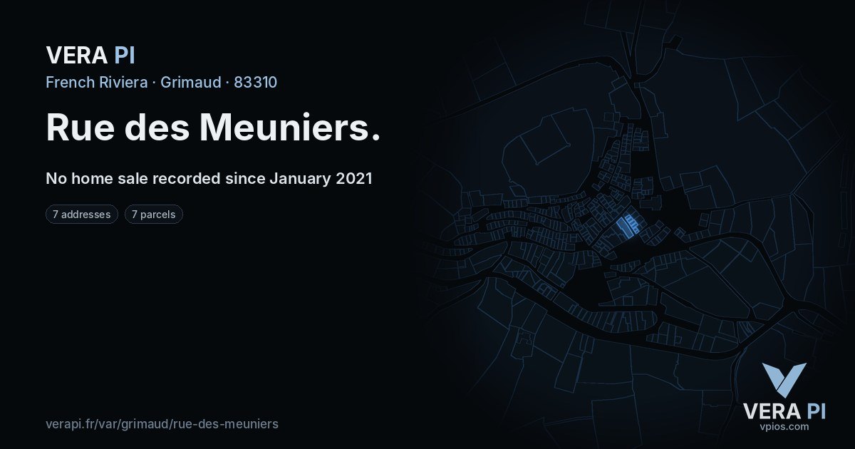 Rue des Meuniers, Grimaud at night – every parcel coloured by the prices around it, the street's own parcels lit