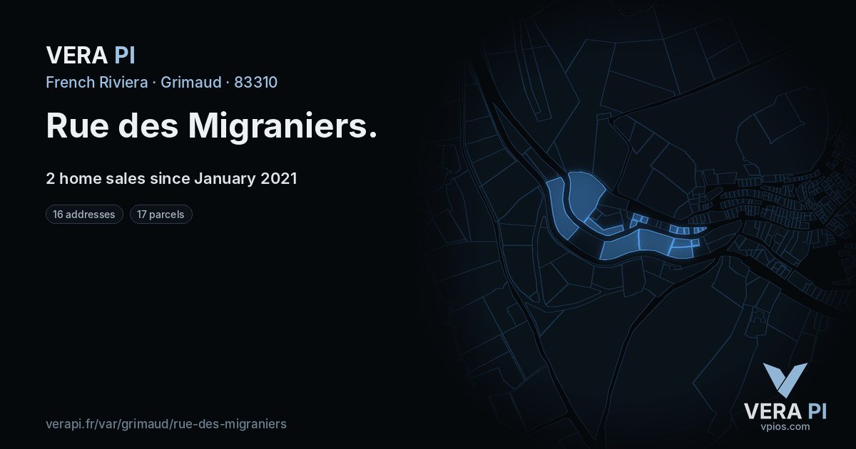 Rue des Migraniers, Grimaud at night – every parcel coloured by the prices around it, the street's own parcels lit