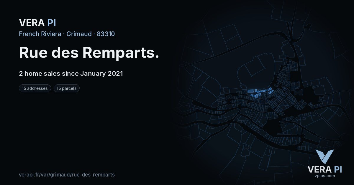 Rue des Remparts, Grimaud at night – every parcel coloured by the prices around it, the street's own parcels lit