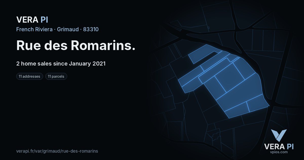 Rue des Romarins, Grimaud at night – every parcel coloured by the prices around it, the street's own parcels lit