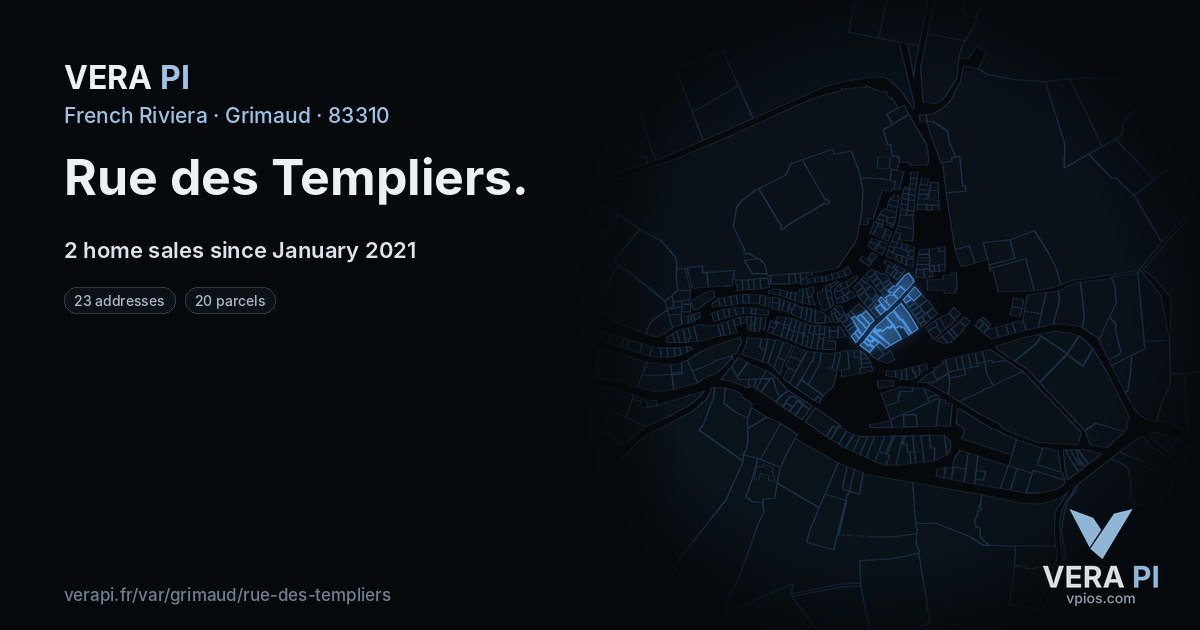Rue des Templiers, Grimaud at night – every parcel coloured by the prices around it, the street's own parcels lit