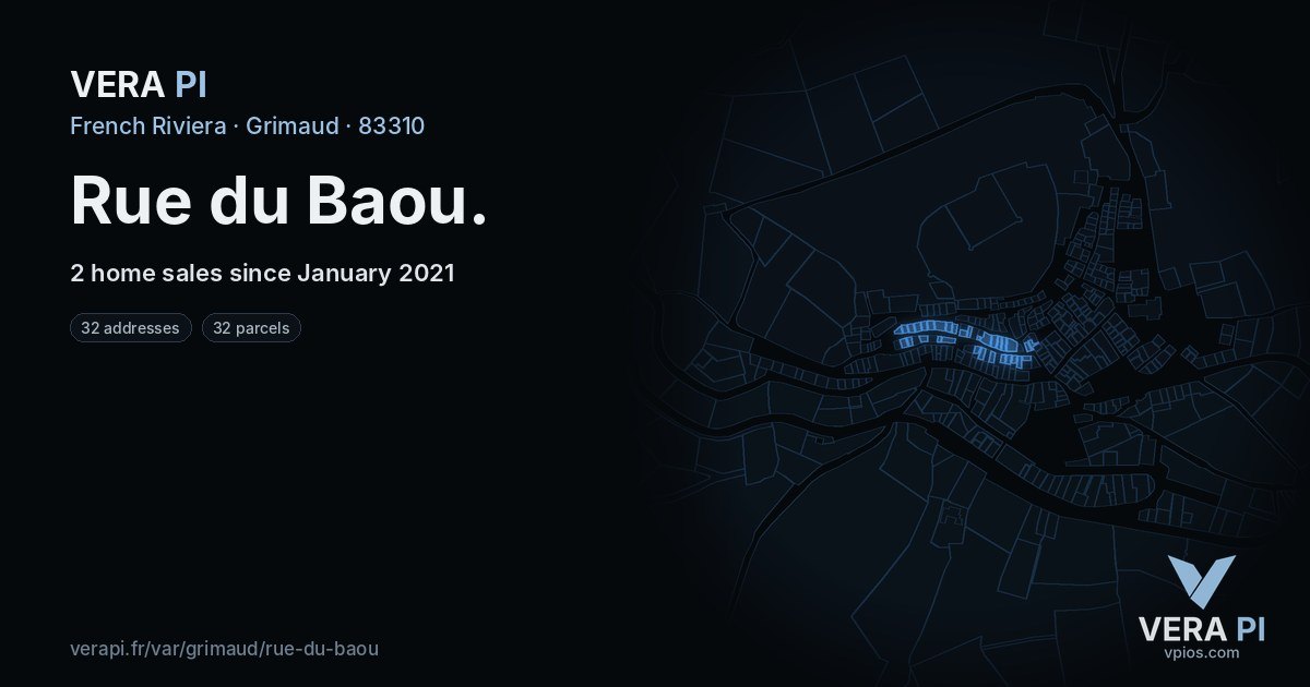 Rue du Baou, Grimaud at night – every parcel coloured by the prices around it, the street's own parcels lit