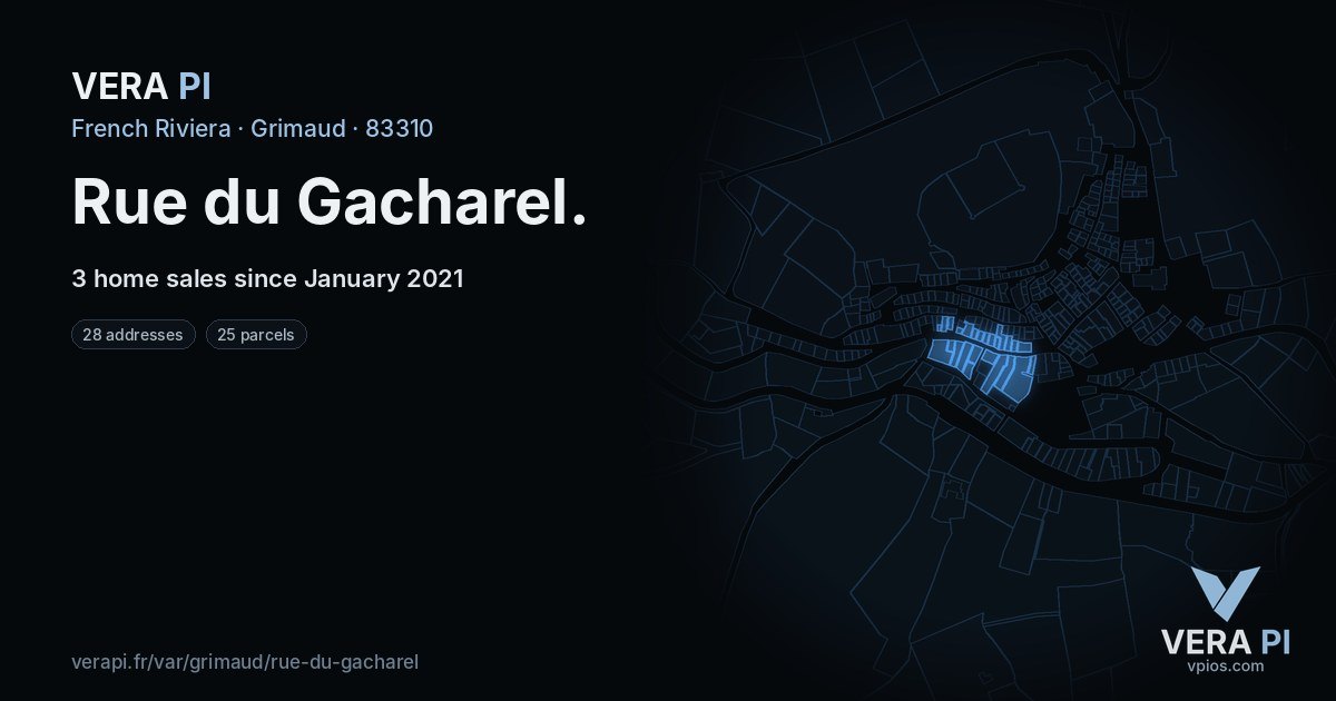 Rue du Gacharel, Grimaud at night – every parcel coloured by the prices around it, the street's own parcels lit