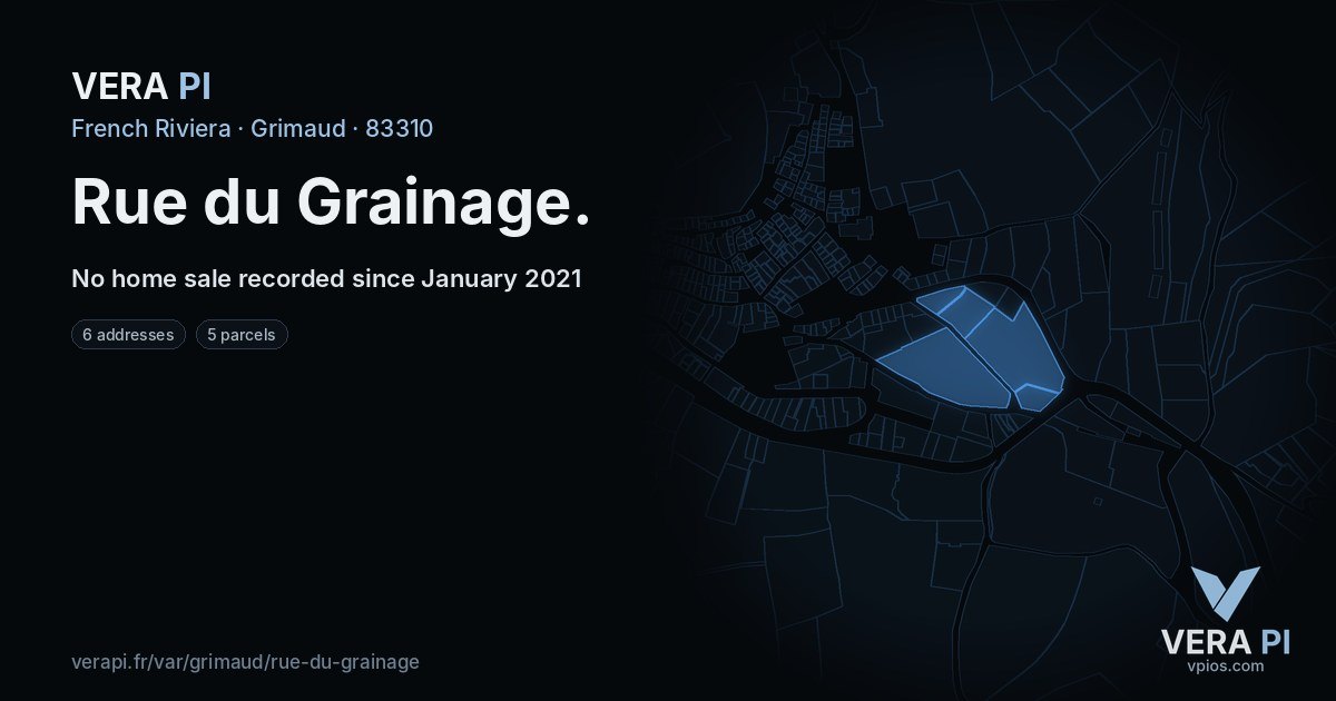 Rue du Grainage, Grimaud at night – every parcel coloured by the prices around it, the street's own parcels lit