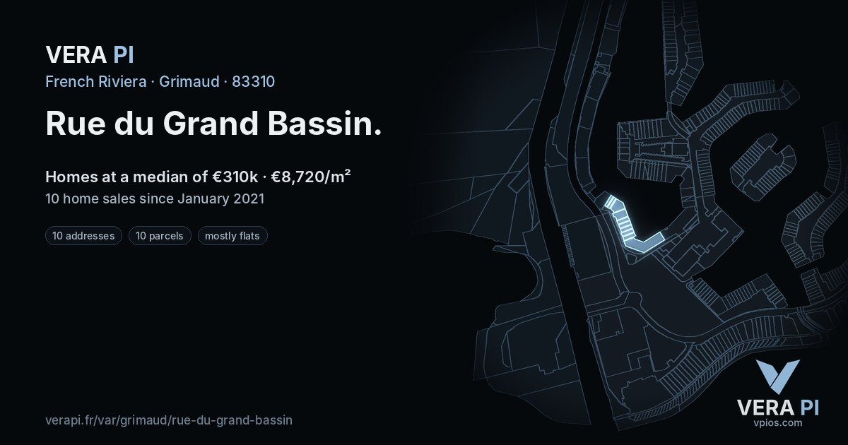 Rue du Grand Bassin, Grimaud at night – every parcel coloured by the prices around it, the street's own parcels lit