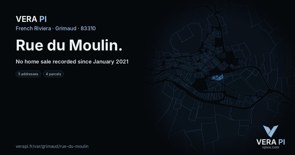Rue du Moulin, Grimaud at night – every parcel coloured by the prices around it, the street's own parcels lit