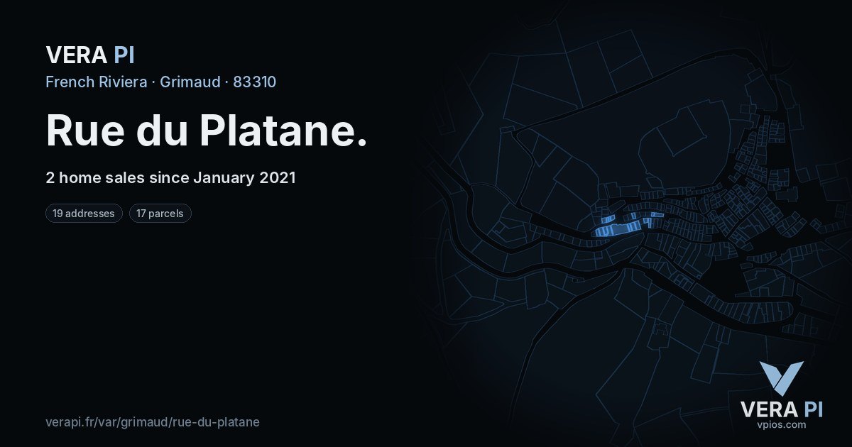 Rue du Platane, Grimaud at night – every parcel coloured by the prices around it, the street's own parcels lit
