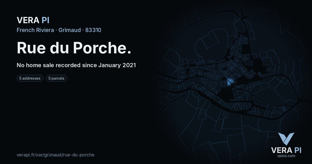 Rue du Porche, Grimaud at night – every parcel coloured by the prices around it, the street's own parcels lit