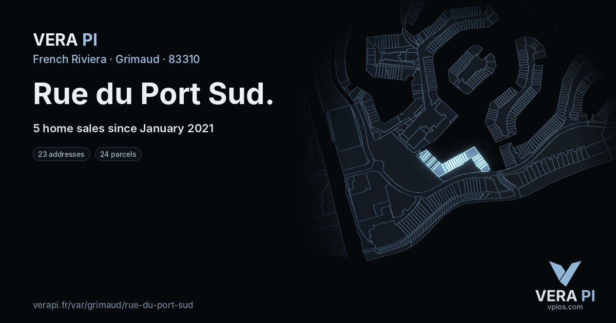 Rue du Port Sud, Grimaud at night – every parcel coloured by the prices around it, the street's own parcels lit