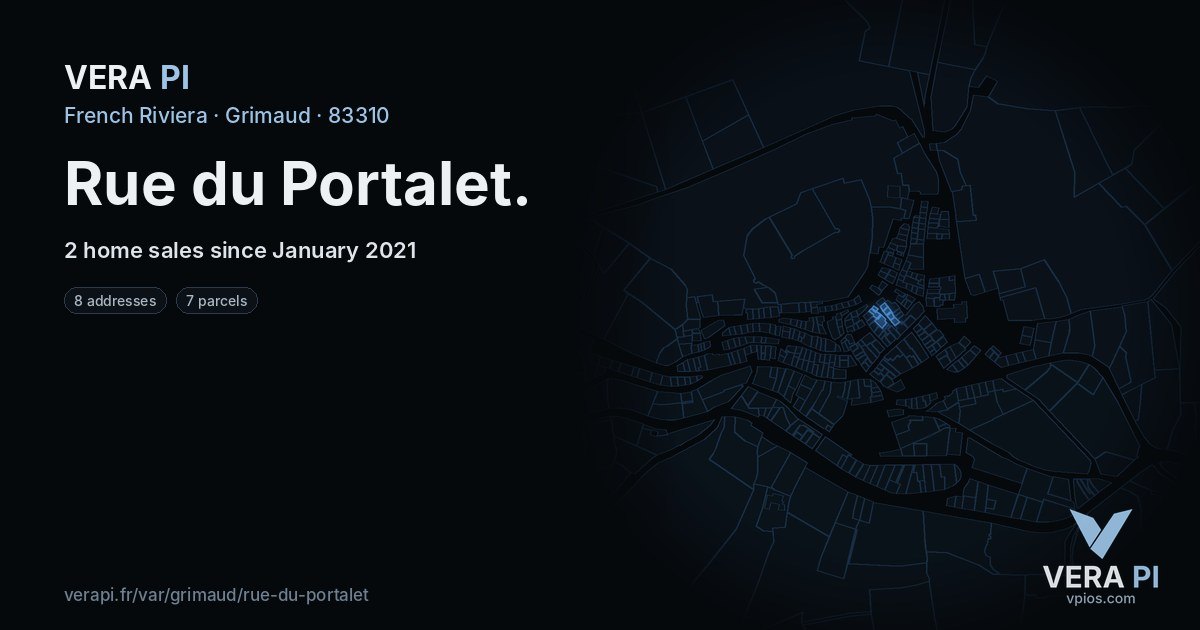 Rue du Portalet, Grimaud at night – every parcel coloured by the prices around it, the street's own parcels lit