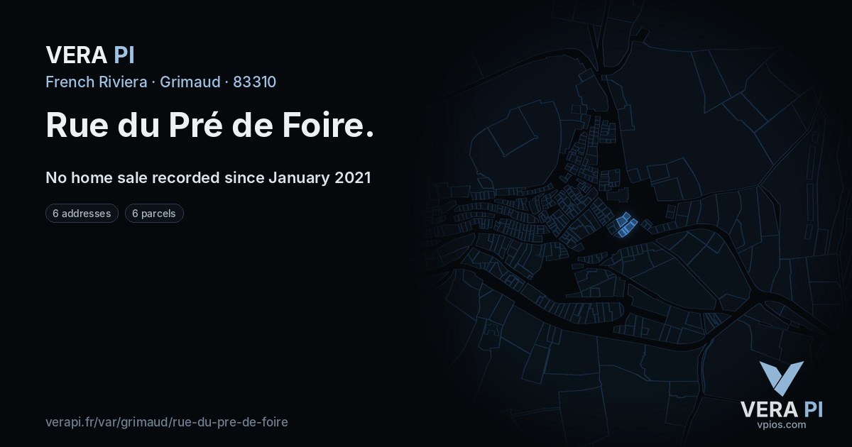 Rue du Pré de Foire, Grimaud at night – every parcel coloured by the prices around it, the street's own parcels lit