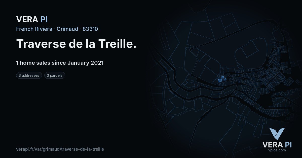 Traverse de la Treille, Grimaud at night – every parcel coloured by the prices around it, the street's own parcels lit