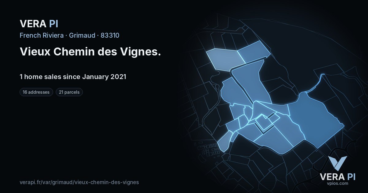 Vieux Chemin des Vignes, Grimaud at night – every parcel coloured by the prices around it, the street's own parcels lit