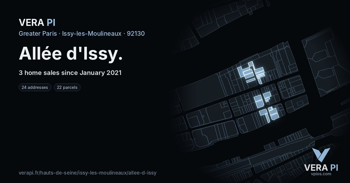Allée d'Issy, Issy-les-Moulineaux at night – every parcel coloured by the prices around it, the street's own parcels lit