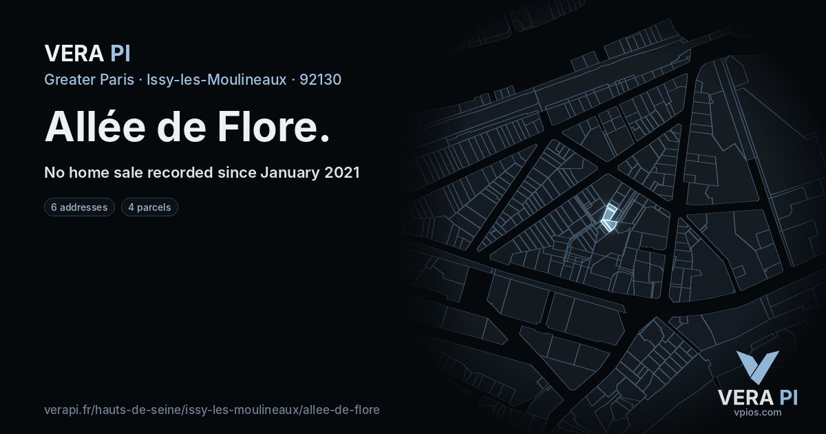 Allée de Flore, Issy-les-Moulineaux at night – every parcel coloured by the prices around it, the street's own parcels lit