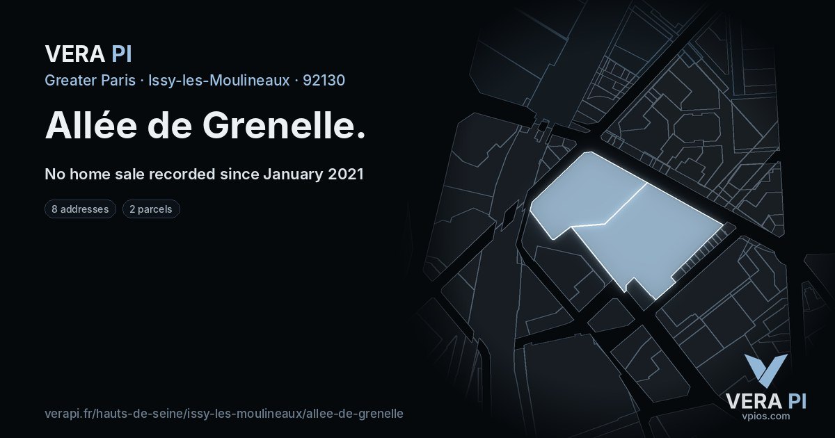 Allée de Grenelle, Issy-les-Moulineaux at night – every parcel coloured by the prices around it, the street's own parcels lit