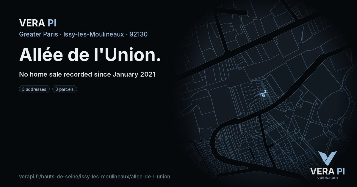 Allée de l'Union, Issy-les-Moulineaux at night – every parcel coloured by the prices around it, the street's own parcels lit