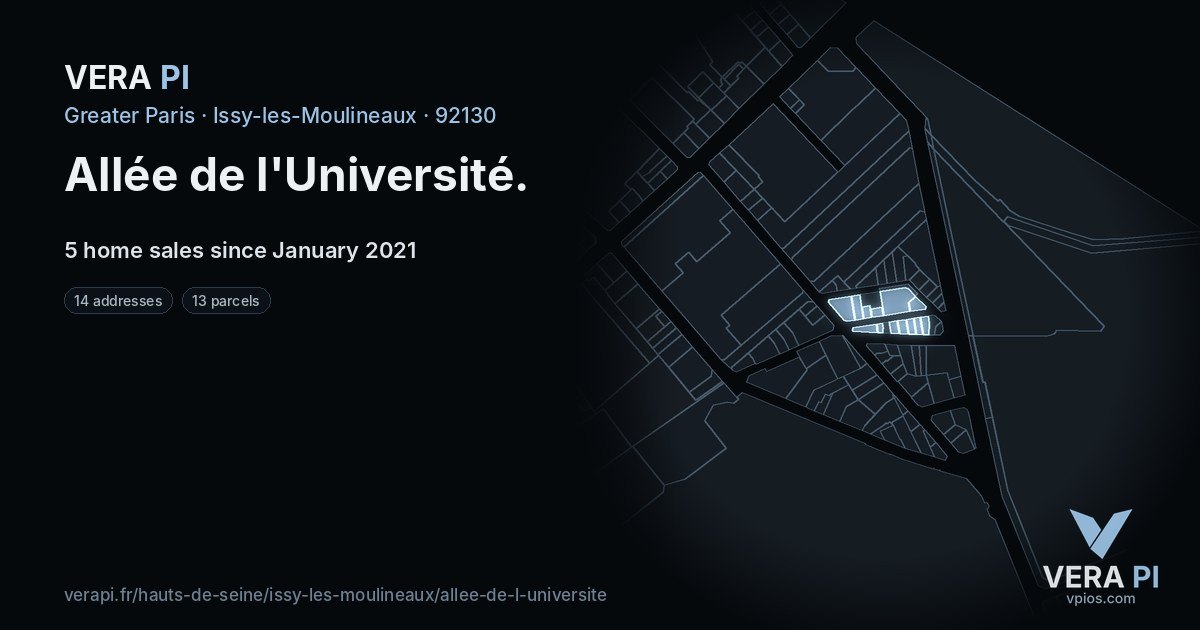 Allée de l'Université, Issy-les-Moulineaux at night – every parcel coloured by the prices around it, the street's own parcels lit