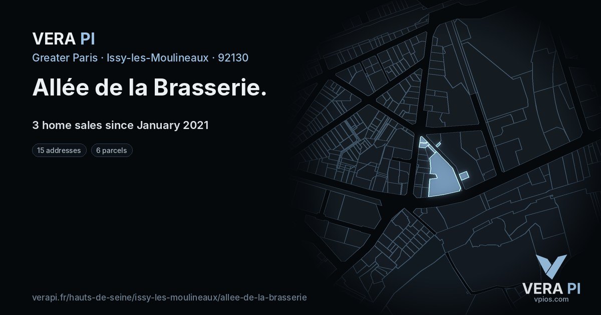 Allée de la Brasserie, Issy-les-Moulineaux at night – every parcel coloured by the prices around it, the street's own parcels lit