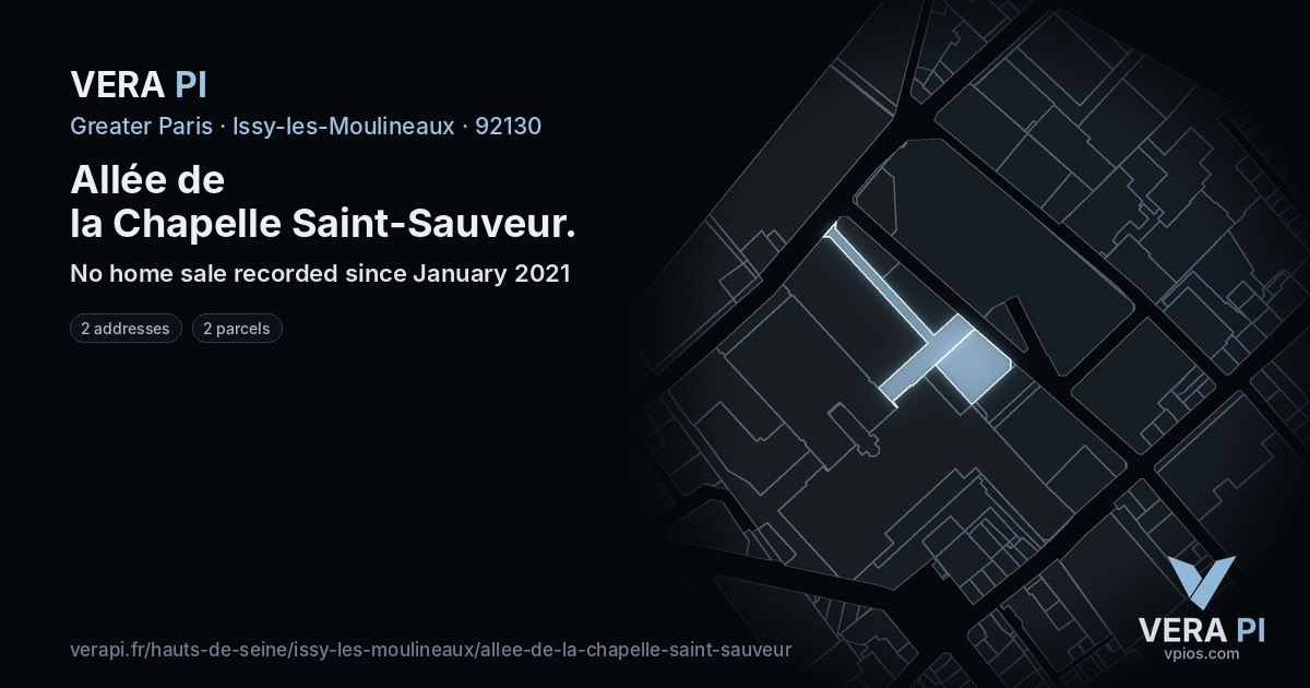 Allée de la Chapelle Saint-Sauveur, Issy-les-Moulineaux at night – every parcel coloured by the prices around it, the street's own parcels lit
