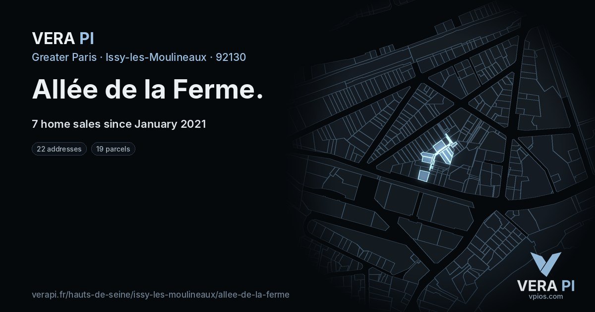 Allée de la Ferme, Issy-les-Moulineaux at night – every parcel coloured by the prices around it, the street's own parcels lit