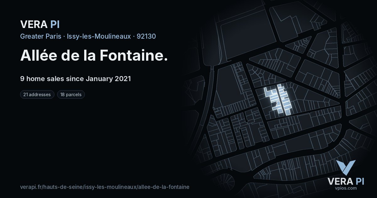 Allée de la Fontaine, Issy-les-Moulineaux at night – every parcel coloured by the prices around it, the street's own parcels lit