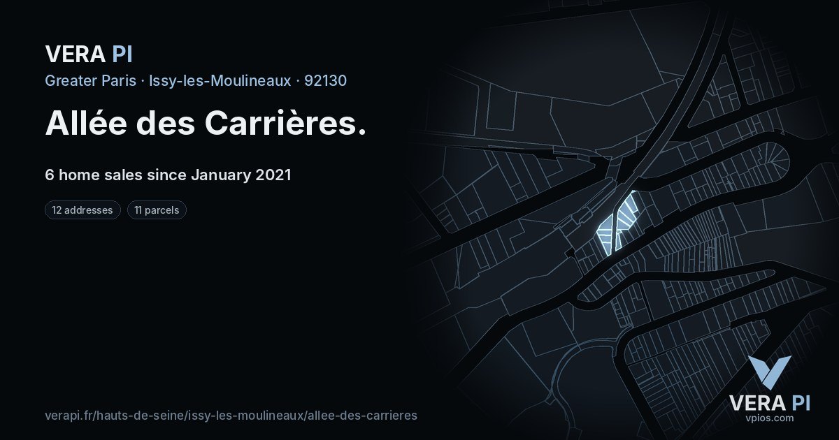 Allée des Carrières, Issy-les-Moulineaux at night – every parcel coloured by the prices around it, the street's own parcels lit