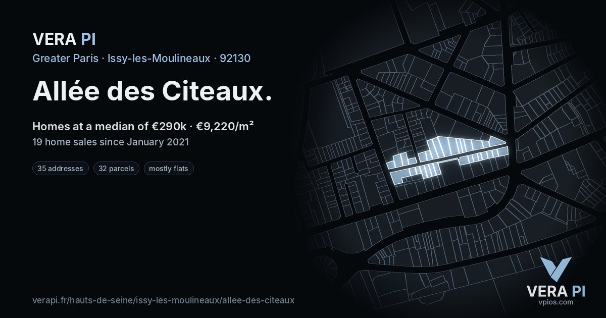 Allée des Citeaux, Issy-les-Moulineaux at night – every parcel coloured by the prices around it, the street's own parcels lit