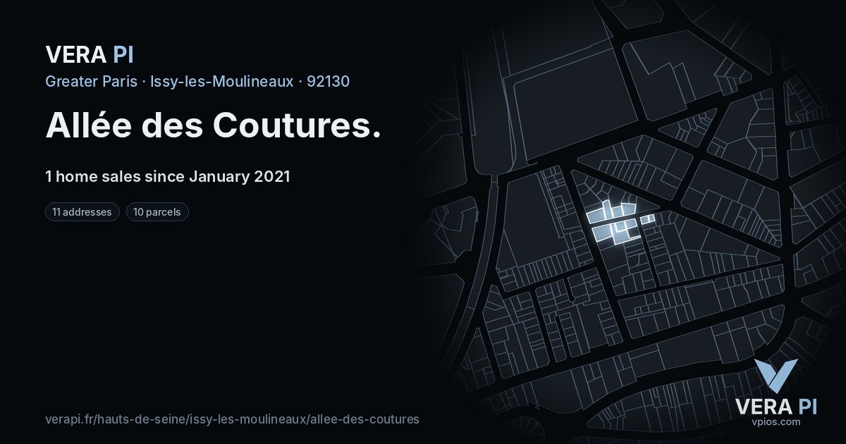 Allée des Coutures, Issy-les-Moulineaux at night – every parcel coloured by the prices around it, the street's own parcels lit