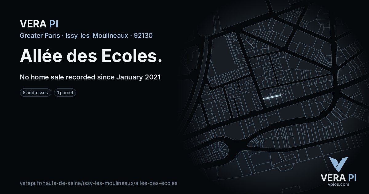 Allée des Ecoles, Issy-les-Moulineaux at night – every parcel coloured by the prices around it, the street's own parcels lit