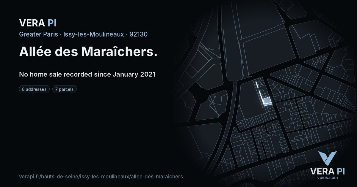 Allée des Maraîchers, Issy-les-Moulineaux at night – every parcel coloured by the prices around it, the street's own parcels lit