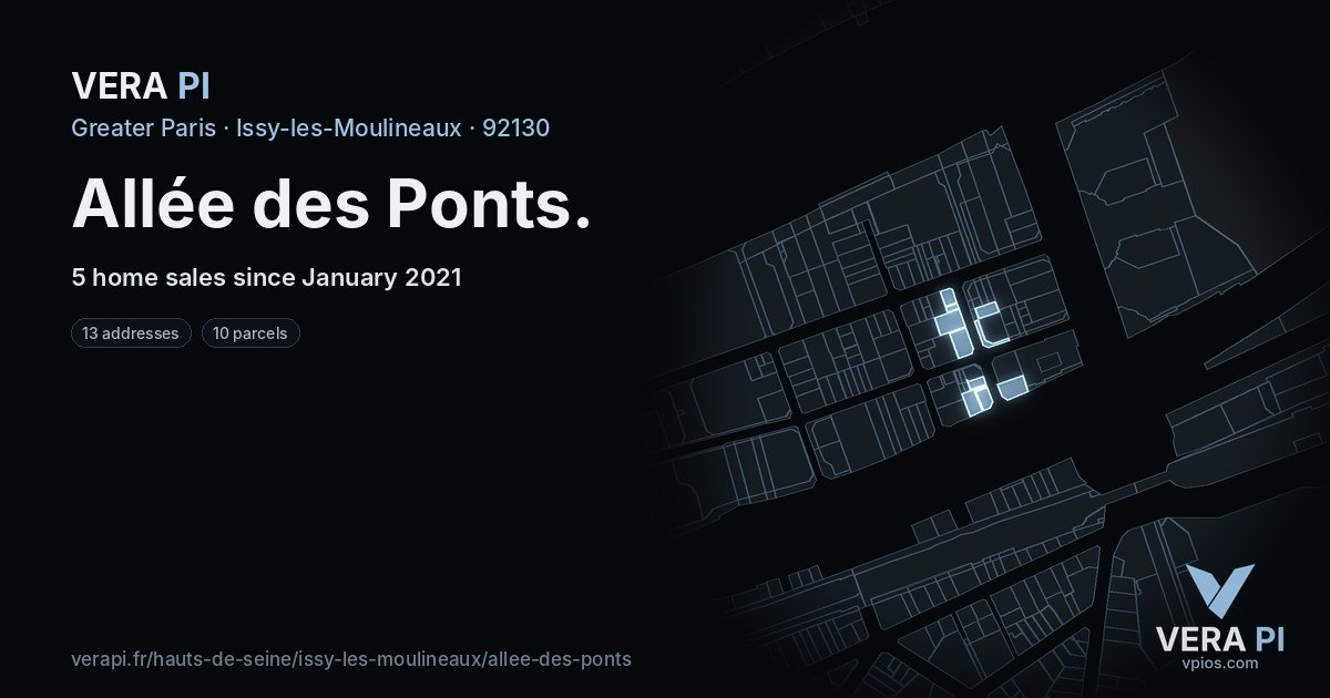 Allée des Ponts, Issy-les-Moulineaux at night – every parcel coloured by the prices around it, the street's own parcels lit
