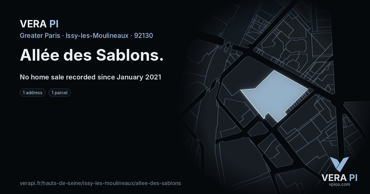 Allée des Sablons, Issy-les-Moulineaux at night – every parcel coloured by the prices around it, the street's own parcels lit