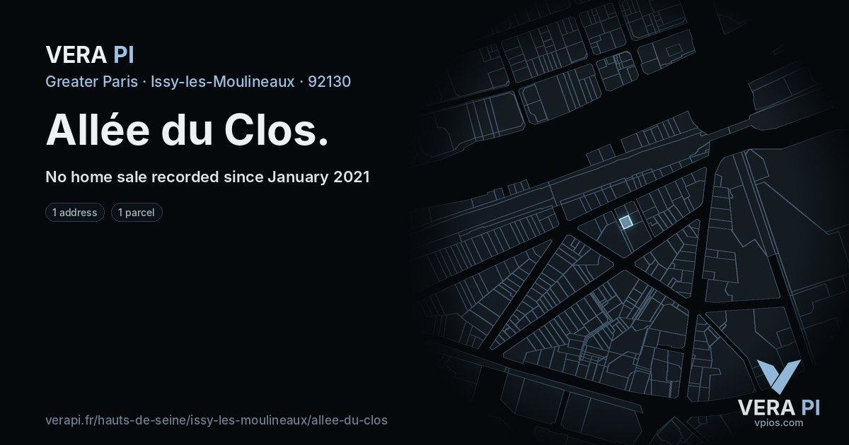 Allée du Clos, Issy-les-Moulineaux at night – every parcel coloured by the prices around it, the street's own parcels lit