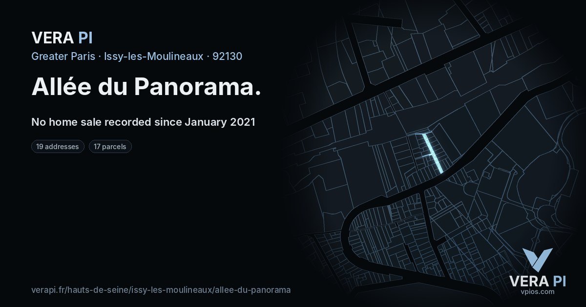 Allée du Panorama, Issy-les-Moulineaux at night – every parcel coloured by the prices around it, the street's own parcels lit