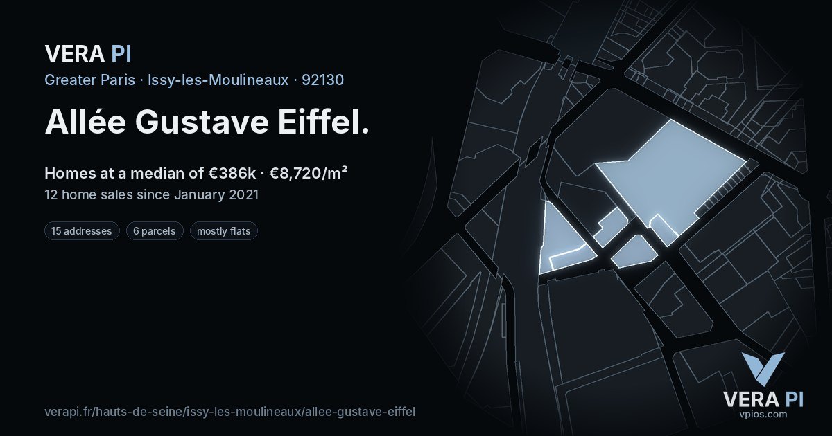 Allée Gustave Eiffel, Issy-les-Moulineaux at night – every parcel coloured by the prices around it, the street's own parcels lit