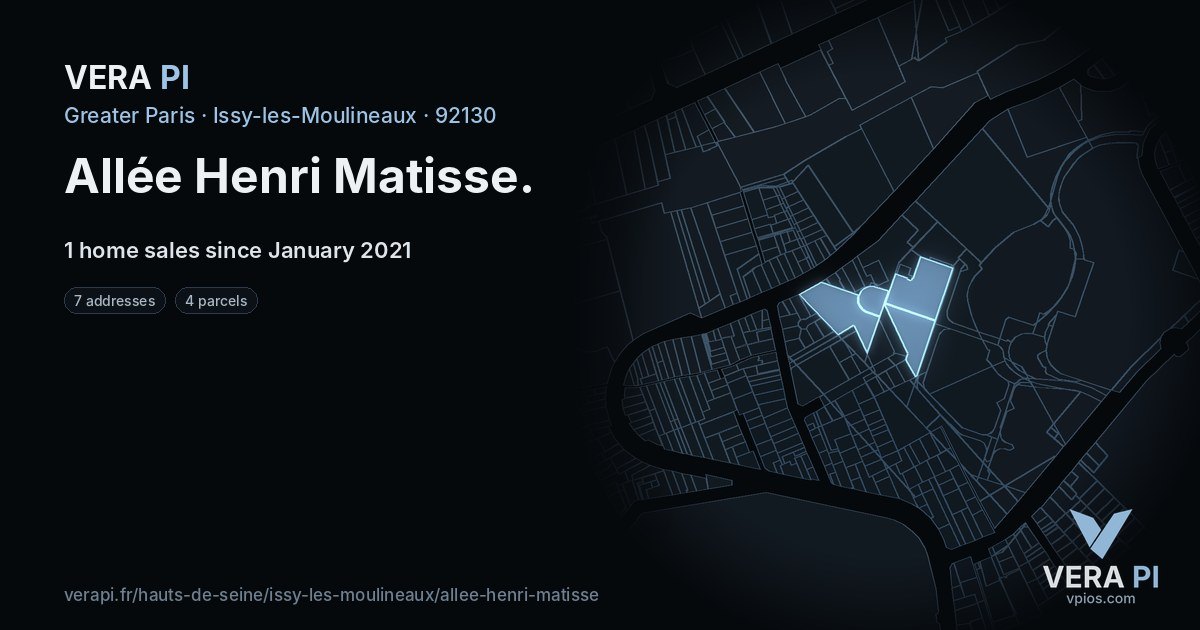 Allée Henri Matisse, Issy-les-Moulineaux at night – every parcel coloured by the prices around it, the street's own parcels lit