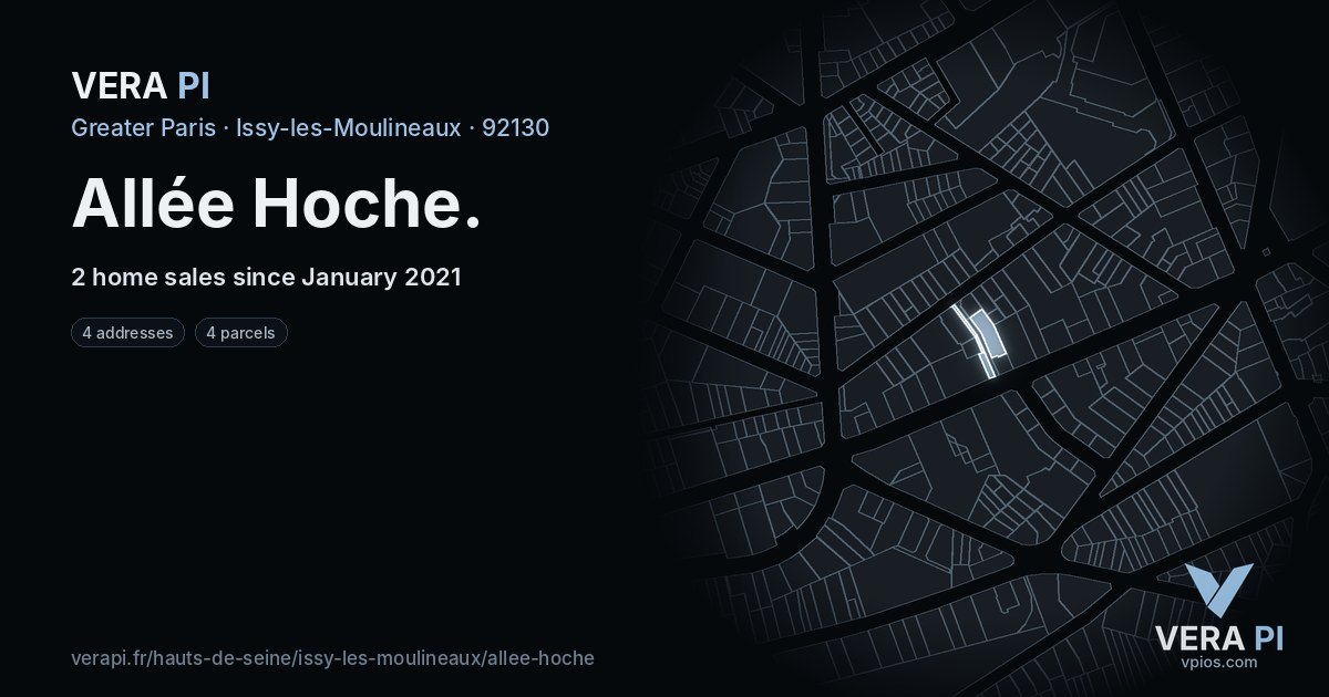 Allée Hoche, Issy-les-Moulineaux at night – every parcel coloured by the prices around it, the street's own parcels lit