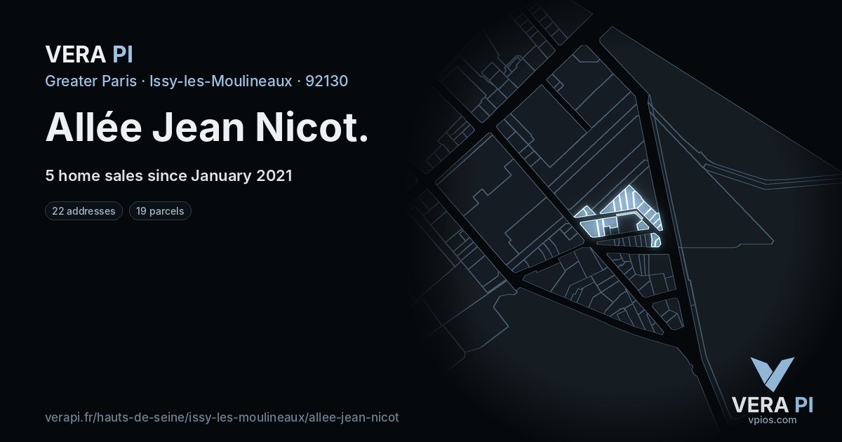 Allée Jean Nicot, Issy-les-Moulineaux at night – every parcel coloured by the prices around it, the street's own parcels lit